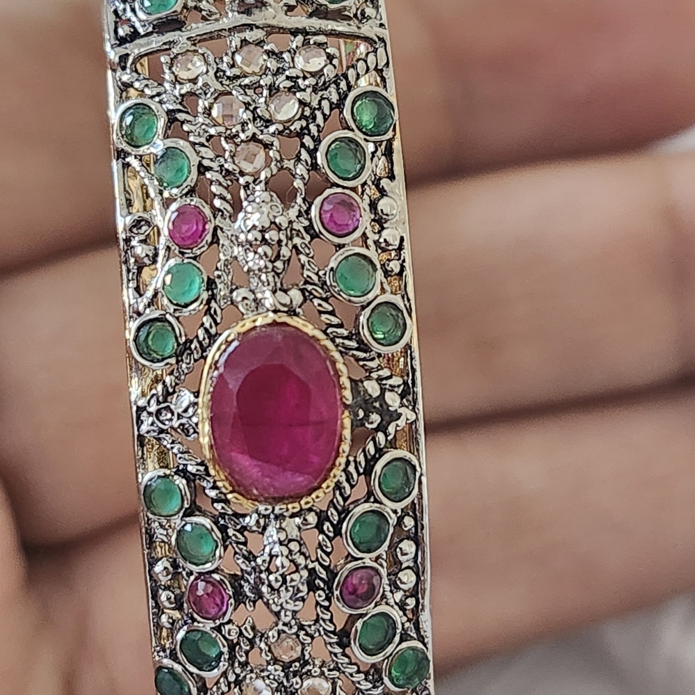 Custom Made Silver Bracelate With Natural Ruby And Natural Emrald. Gold Plated.